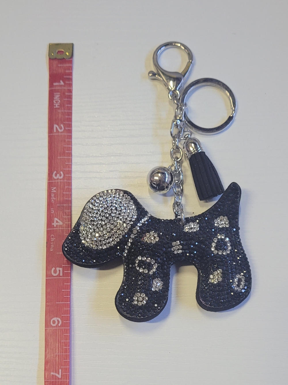 Licorice Shaded Rhinestone Dog Keychain Charm with Tassel